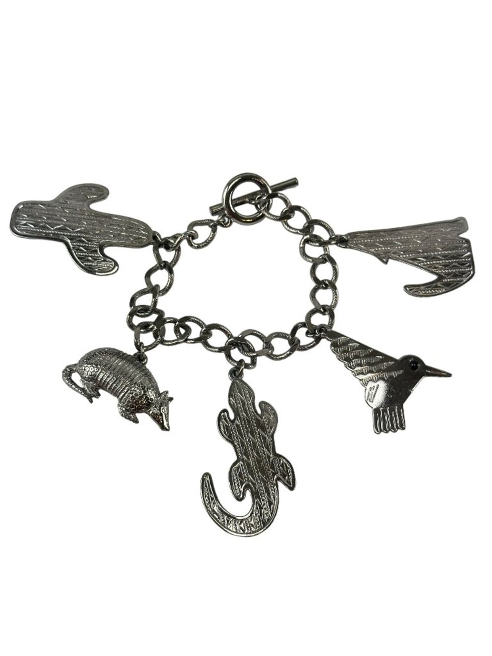 Vintage 7.5" JJ Charm Bracelet Southwest Cactus Coyote Armadillo Silver Tone